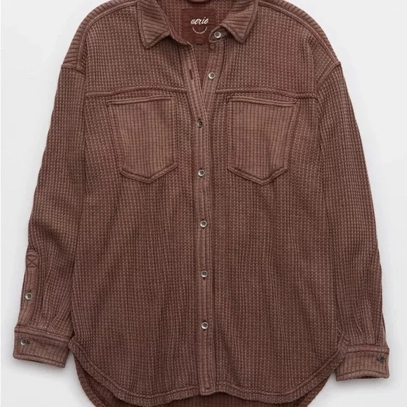Aerie Anytime Fave Brown Waffle Knit Button-Up Shirt - Picture 2 of 6